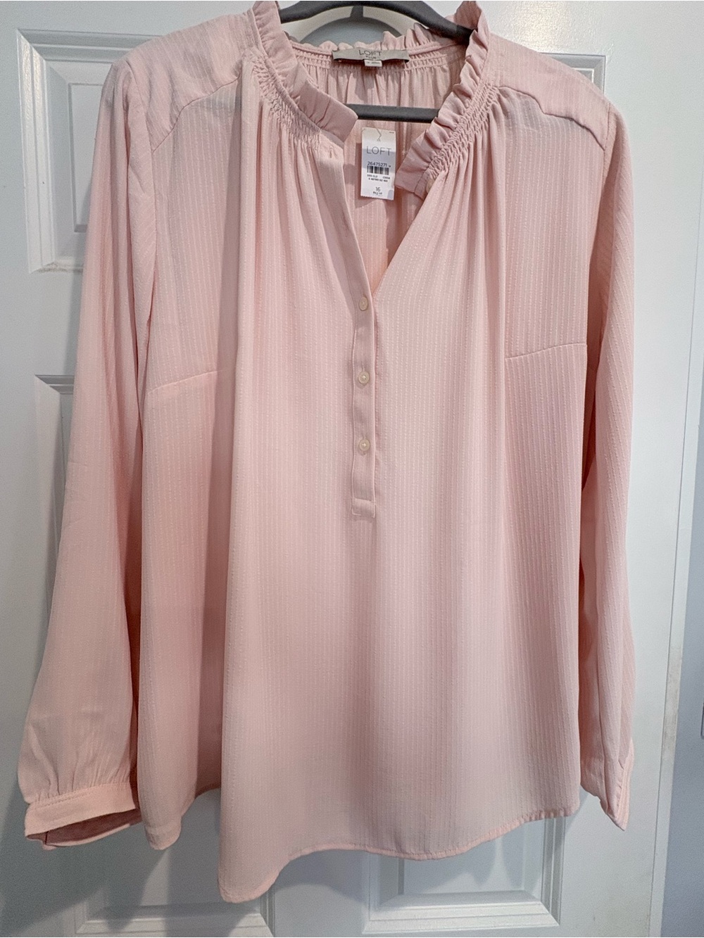 NWT LOFT Plus Pink Ruffle Neck Long Sleeve Button Blouse Size 16